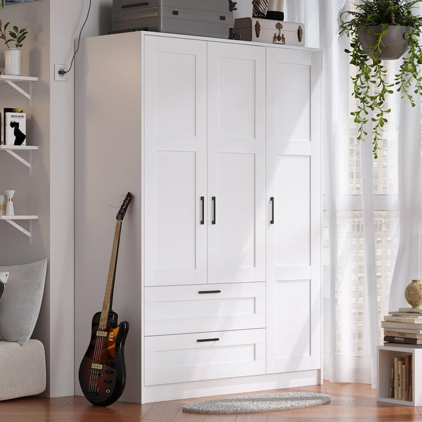 3-Door Wooden Wardrobe Closet with Shelves and Drawers – White