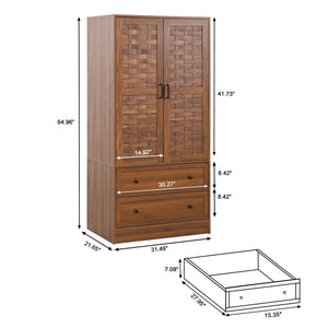 Armoire Wardrobe Closet with Woven Doors, Drawers & Hanging Rail