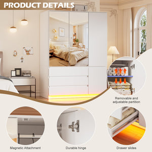3-Door Wardrobe Closet with Mirror, LED Lights & Drawers