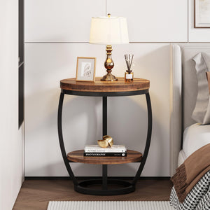 2-Tier Round Industrial End Table with Metal Frame