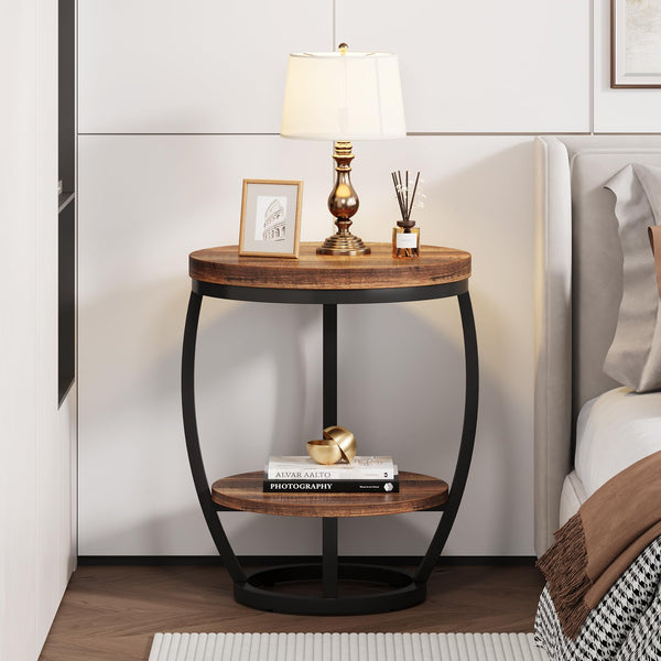 2-Tier Round Industrial End Table with Metal Frame