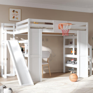 Full Size Kids Loft Bed with Slide, Desk & Storage