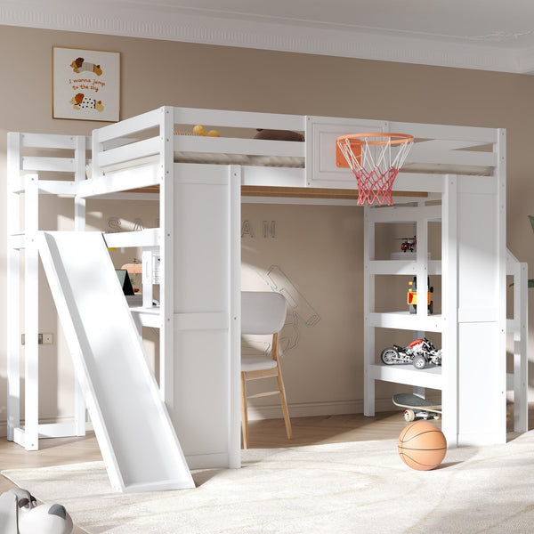 Full Size Kids Loft Bed with Slide, Desk & Storage