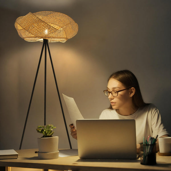 Bamboo Tripod Floor Lamp with Handwoven Lotus Shade