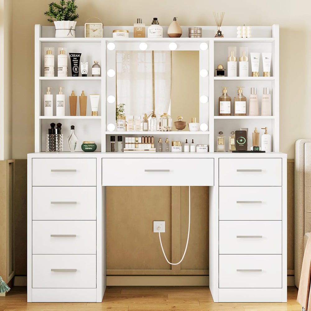 White Vanity Desk with Mirror, Lights & 9 Drawers