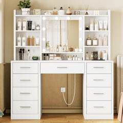 White Vanity Desk with Mirror, Lights & 9 Drawers