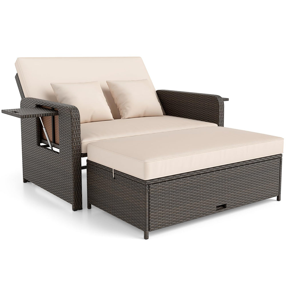 Outdoor Rattan Daybed with Storage Ottoman & Adjustable Backrest