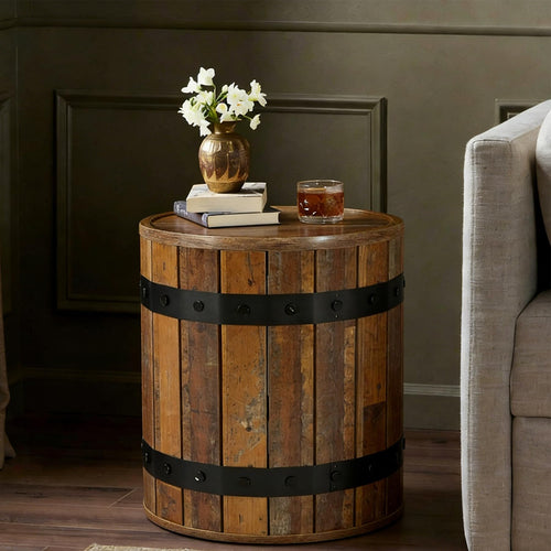 Farmhouse Barrel Side Table with Hidden Storage