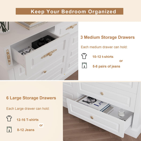 9-Drawer Dresser with Gold Knobs – Wide Bedroom Storage Chest