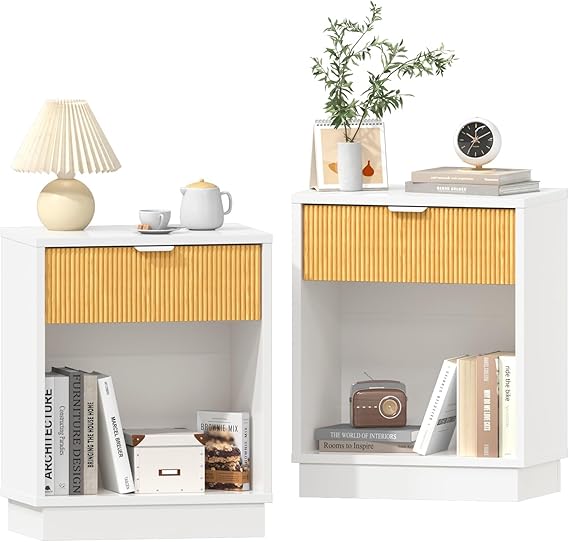 Fluted Nightstand Set of 2 with Charging Station & LED Lights