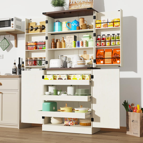 71" Farmhouse Kitchen Pantry Cabinet with Drawers & Door Shelves