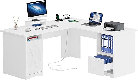 L-Shaped Desk with Power Outlets, File Drawer & Monitor Stand