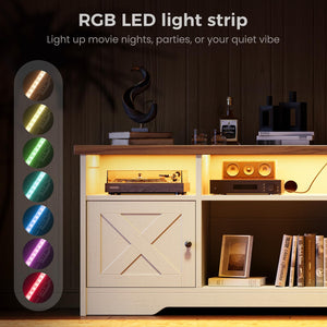 65-Inch Farmhouse TV Stand with LED Lights, Power Outlet & Storage Cabinets