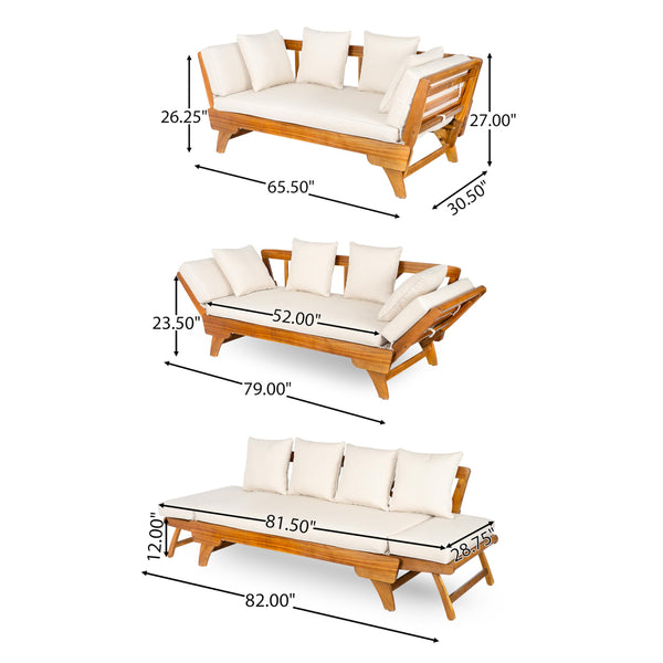 Convertible Outdoor Daybed Sofa – 3-Seater Acacia Wood Patio Couch