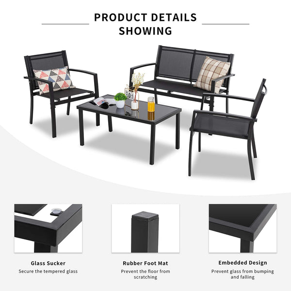4-Piece Outdoor Patio Furniture Set with Glass Coffee Table