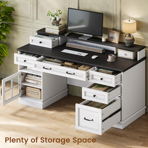 Farmhouse Executive Desk with Drawers, LED Lights & Power Outlet