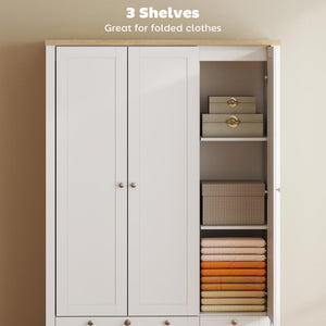 3-Door Armoire Wardrobe Closet with 2 Drawers and Hanging Rod