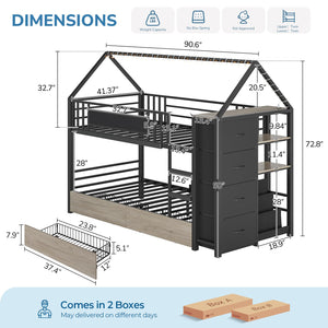 Twin Over Twin Low Bunk Bed with Storage Drawers & House Design