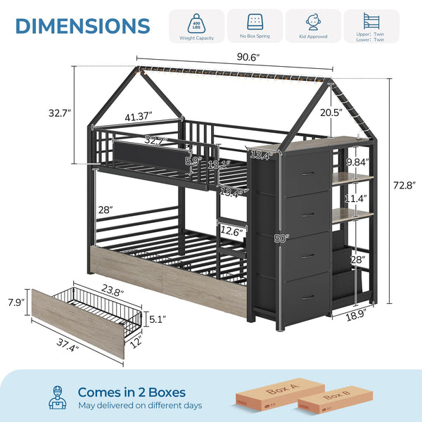 Twin Over Twin Low Bunk Bed with Storage Drawers & House Design