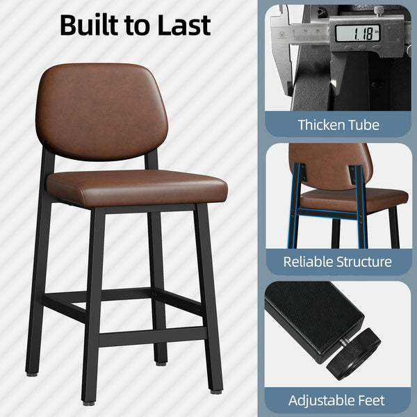 Counter Height Bar Stools Set of 3, 26" Upholstered Kitchen Bar Chairs with Metal Legs