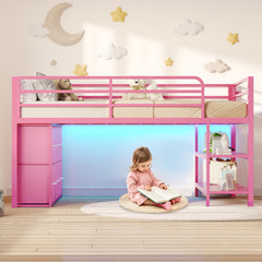 Twin Low Loft Bed with LED Lights & Storage Drawers