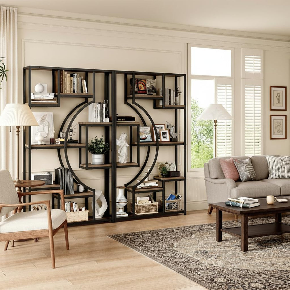 Geometric Bookshelf Set of 2 – 70.8" Tall, 79" Wide, 18 Open Shelves