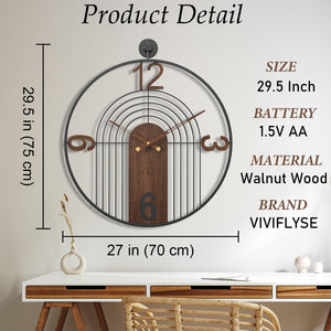 Large Round Wall Clock – Wood & Metal Frame, Silent Non-Ticking