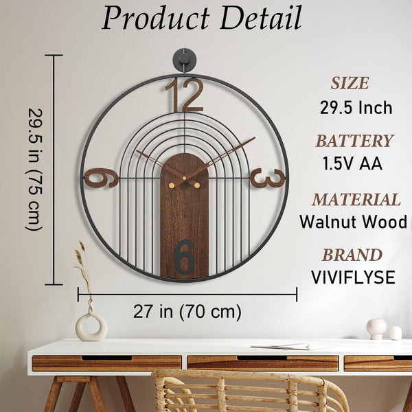Large Round Wall Clock – Wood & Metal Frame, Silent Non-Ticking
