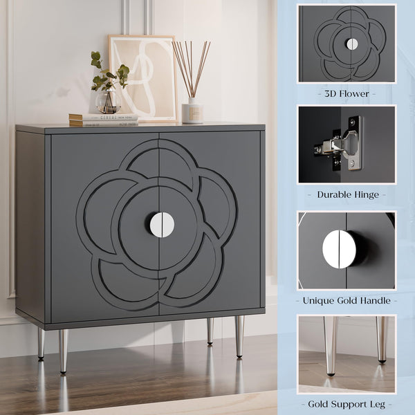 Wood Sideboard Buffet Cabinet with Decorative Flower Pattern Doors