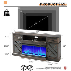 Farmhouse Fireplace TV Stand with 3-Sided LED Glass – 70" Entertainment Center