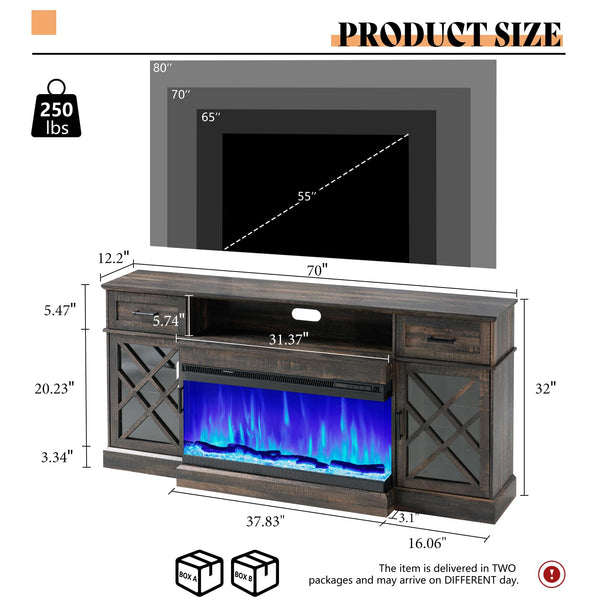Farmhouse Fireplace TV Stand with 3-Sided LED Glass – 70" Entertainment Center