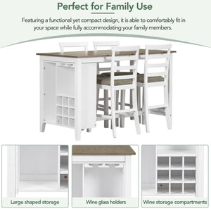 5-Piece Counter Height Dining Table Set – Solid Wood, Upholstered Chairs & Built-In Wine Storage