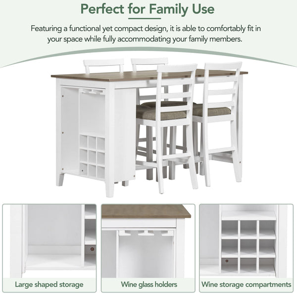 5-Piece Counter Height Dining Set with Wine Storage — Rubber Wood, Brown & White Wash