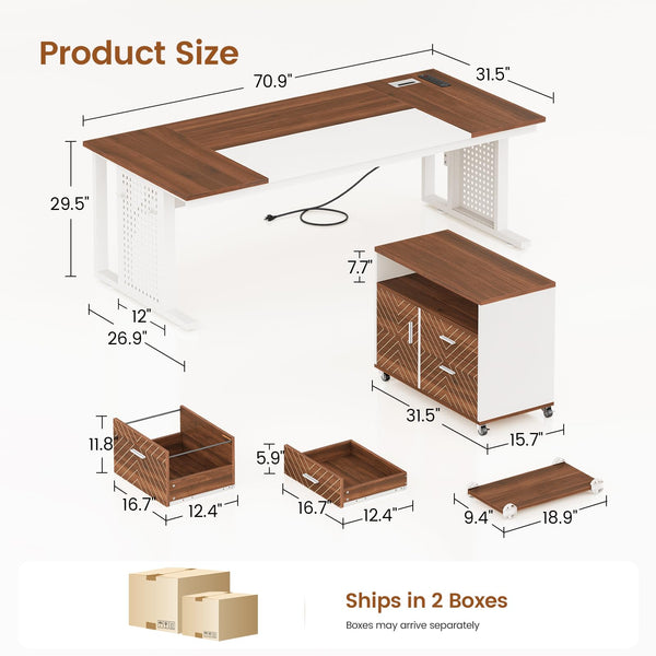 L-Shaped Executive Desk with Rolling File Cabinet & Power Outlets