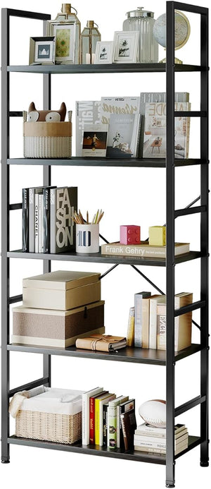 5-Tier Metal & Wood Bookcase with Adjustable Shelves