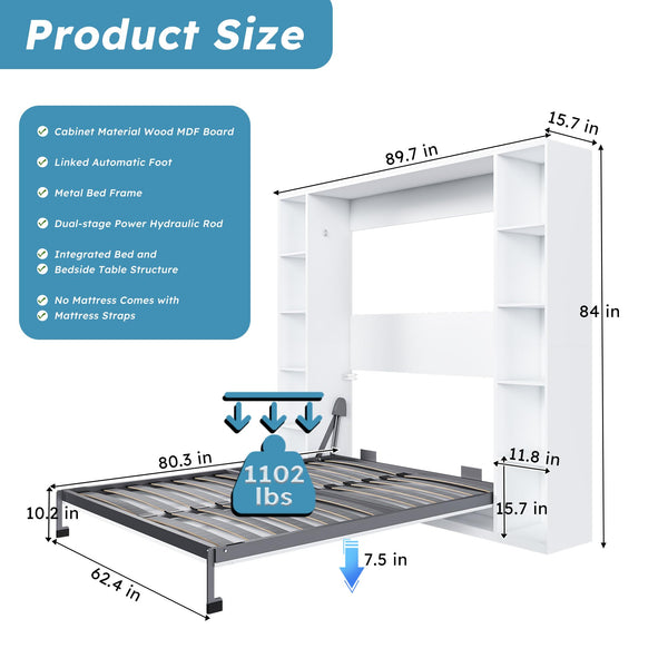 Queen Murphy Bed with Storage Cabinet – White