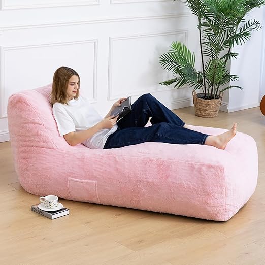 Giant Memory Foam Bean Bag Lounger Chair with Faux Fur & Side Pockets