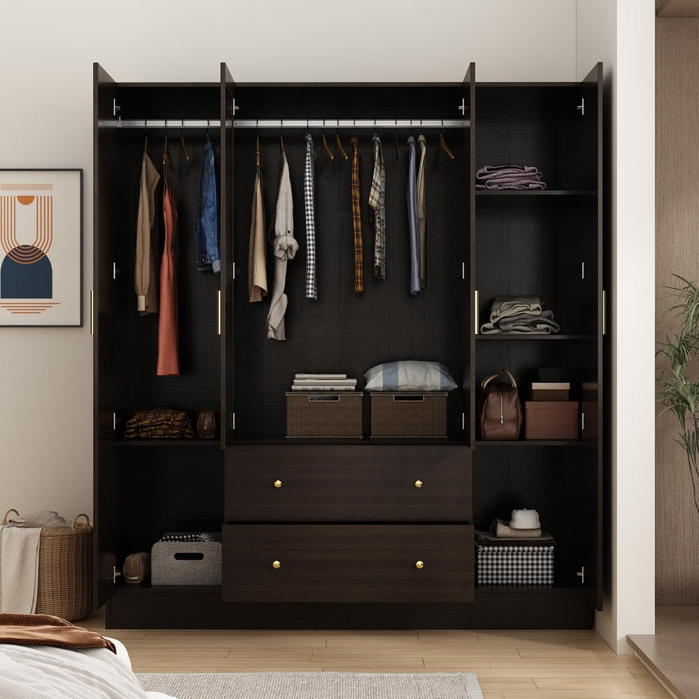 Wardrobe Armoire with Mirror, 5-Tier Shelves, 2 Drawers & 4 Doors