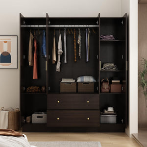 Wardrobe Armoire with Mirror, 5-Tier Shelves, 2 Drawers & 4 Doors