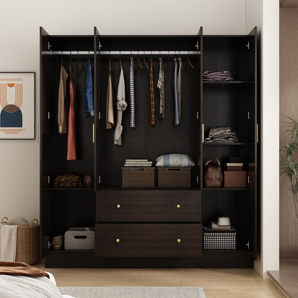 Wardrobe Armoire with Mirror, 5-Tier Shelves, 2 Drawers & 4 Doors