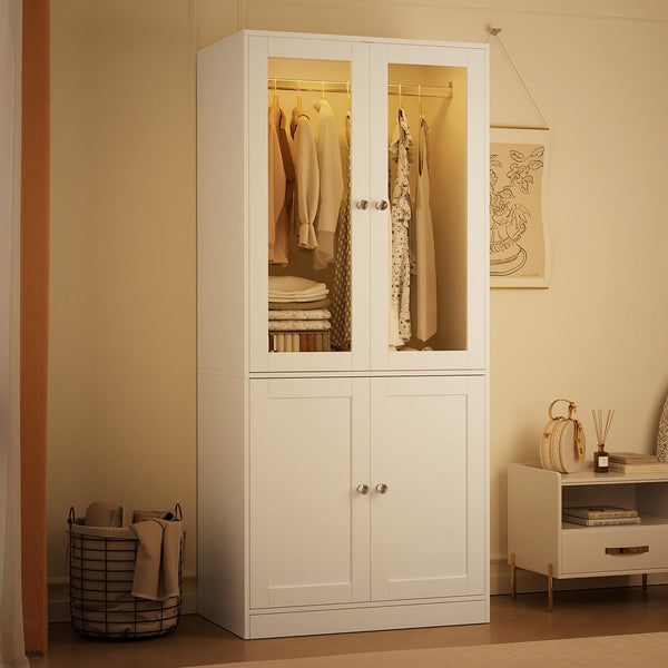 Wardrobe Closet with Glass Doors, LED Lighting & Drawers