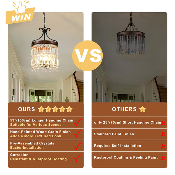 Small Crystal Chandelier 3-Light Farmhouse Pendant