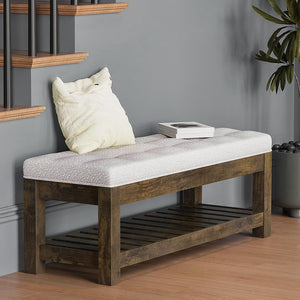 Tufted Linen Ottoman Bench with Wood Shelf