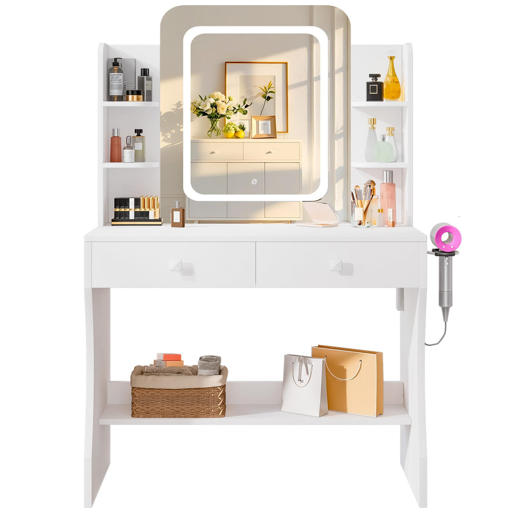 LED Makeup Vanity Desk with Smart Mirror, Power Outlet & Storage