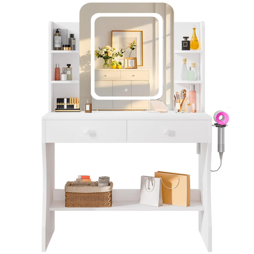 LED Makeup Vanity Desk with Smart Mirror, Power Outlet & Storage
