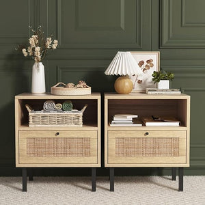 Boho Rattan Nightstand Set of 2 with Storage Cabinet & Metal Legs