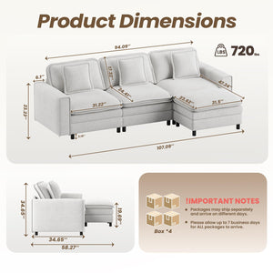 Modular Sectional Sofa with Ottoman – 4-Seat L-Shaped Cloud Couch