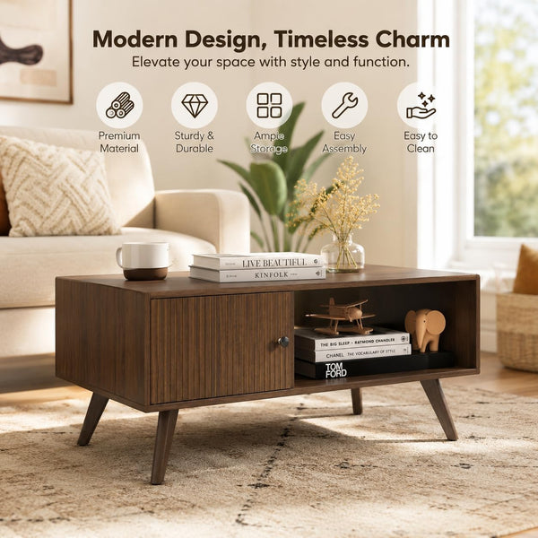 Manora Mid Century Modern Coffee Table with Storage Cabinet and Open Shelf, Wooden Living Room Table with Fluted Drawer and Solid Wood Legs, Walnut Finish Center Table for Small Spaces