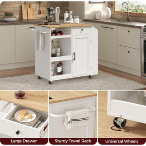 Rolling Kitchen Island Cart with Power Outlet, Drawer, Wine Rack & Spice Rack