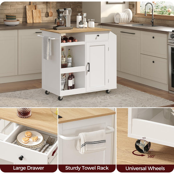 Rolling Kitchen Island Cart with Power Outlet, Drawer, Wine Rack & Spice Rack